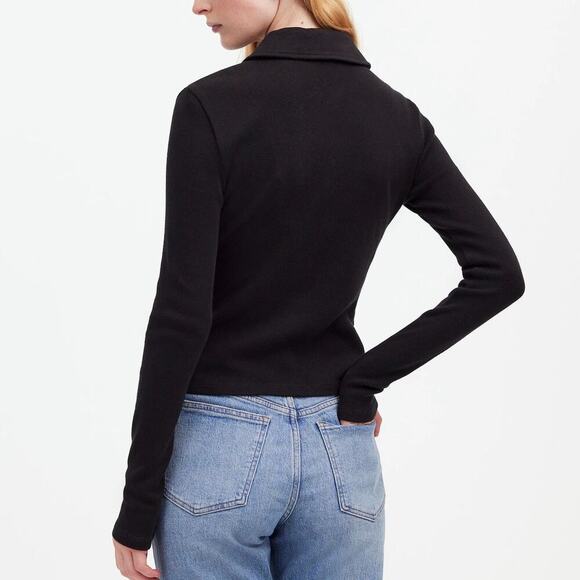 Madewell Fill Zip Top Ribbed Long Sleeve Collared  Jet Black NWT M - Picture 3 of 8